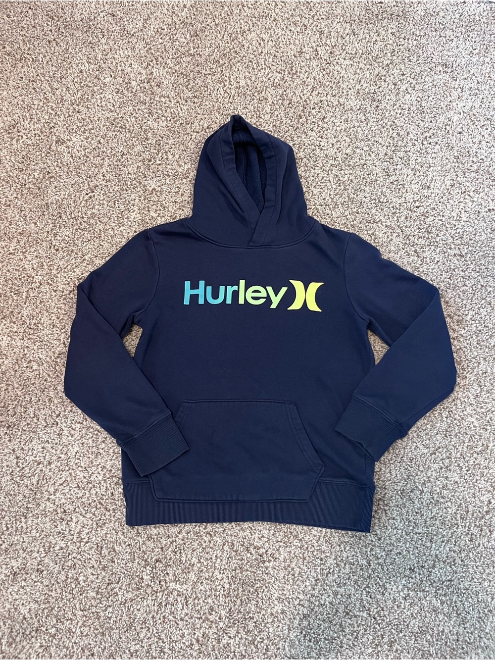 Hurley Navy Pullover Hoodie with Teal-to-Yellow Logo